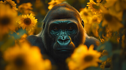 Obraz premium Gorilla in Field of Flowers Realistic Image