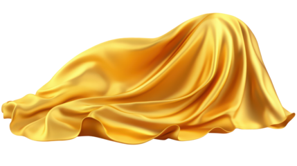 Aesthetic golden satin cloth draped with elegant folds on transparent backdrop