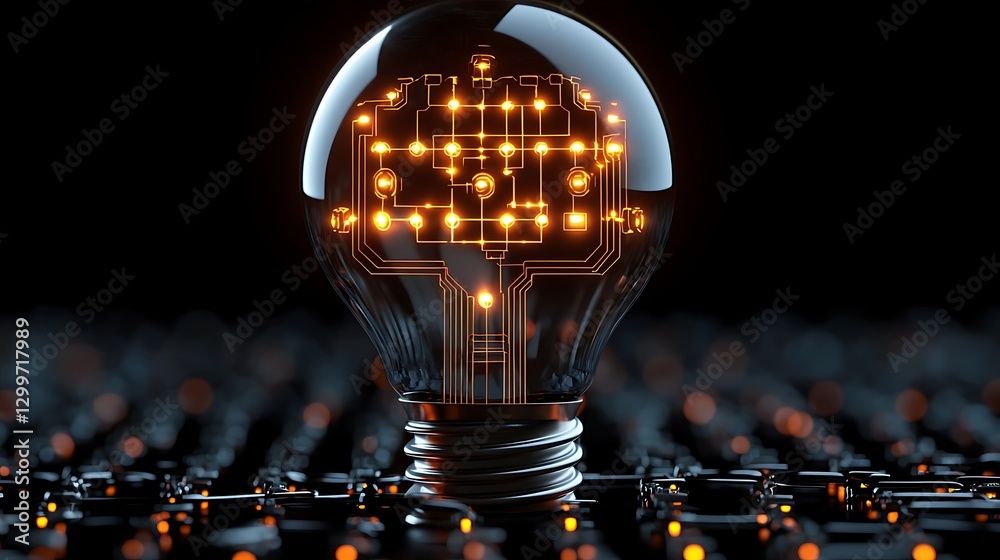 Wall mural lit lightbulb with circuit design on a surface, for tech/innovation ideas