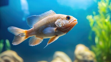 Fototapeta premium Aquaculture Fish Tanks Concept, Close-Up View of a Fish Swimming in a Tank with Controlled Water Temperature Settings