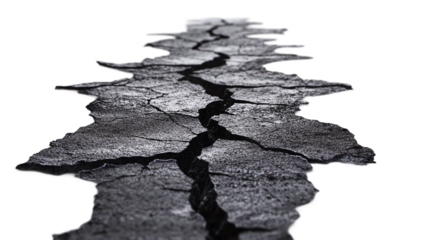 Black split crack in the ground, isolated on transparent background, symbolizing earth's tear or natural destruction effects from damage or impact.