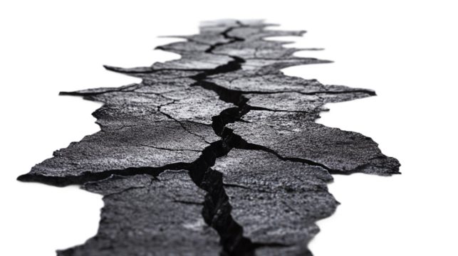 Black split crack in the ground, isolated on transparent background, symbolizing earth's tear or natural destruction effects from damage or impact. - Powered by Adobe