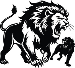 Obraz premium Fierce Roaring Lion Black and White Silhouette.