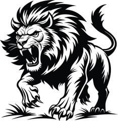 Obraz premium Fierce Roaring Lion Black and White Silhouette.
