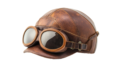 Brown leather aviator hat with glasses, isolated on transparent background, symbolizing retro military pilot gear, perfect for vintage transportation themes.