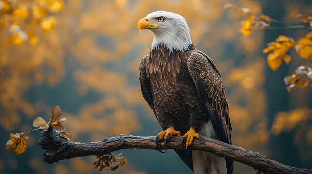 Majestic Bald Eagle Perched on Branch with Autumn Leaves in Background - Realistic Image