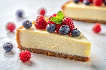A delectable slice of creamy cheesecake, adorned with a vibrant assortment of fresh raspberries and blueberries, garnished with a sprig of mint, rests on a pristine white surface.