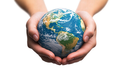 Hands holding planet Earth globe isolated on transparent background, representing nature, ecology protection, sustainability, and the global commitment to conserving the environment.