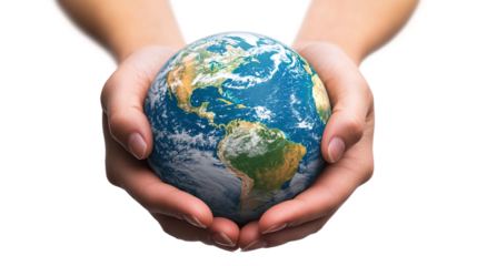 Hands holding planet Earth globe isolated on transparent background, representing nature, ecology protection, sustainability, and the global commitment to conserving the environment.