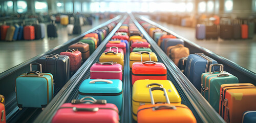 Luggage belts at an airport resemble busy roads in summery light.