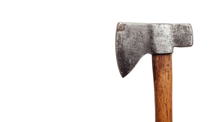 Iron steel metal axe with wooden handle, isolated on transparent background, representing a lumberjack tool or work equipment used in forestry or woodcutting.
