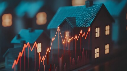 Toy houses with red line showing price increase for real estate, background is blurred