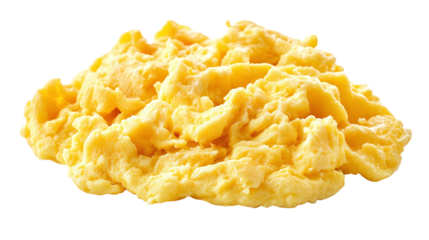 Scrambled egg with yolk in isolated yellow omelette, symbolizing a healthy, tasty breakfast meal, ideal for food photography or healthy eating promotions. Isolated on transparent background.