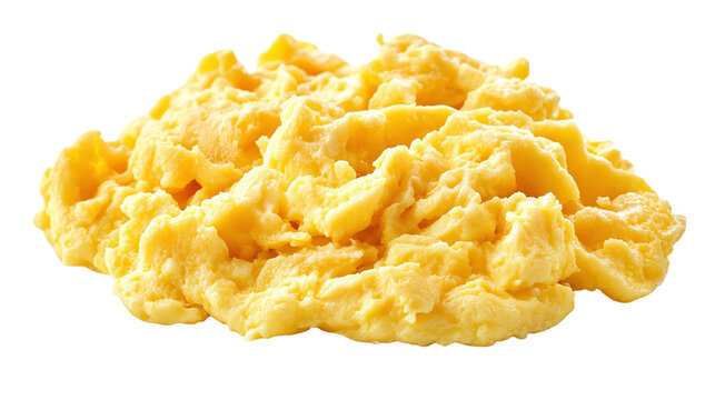 Scrambled egg with yolk in isolated yellow omelette, symbolizing a healthy, tasty breakfast meal, ideal for food photography or healthy eating promotions. Isolated on transparent background.