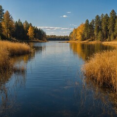 Fototapeta premium A panoramic view of a lake mirroring the golden grass and blue sky.