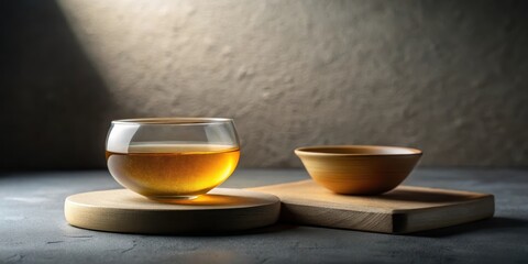 A glass of amber liquid rests on a wooden disc, accompanied by a small wooden bowl on a larger wooden board, creating a serene and minimalist still life.