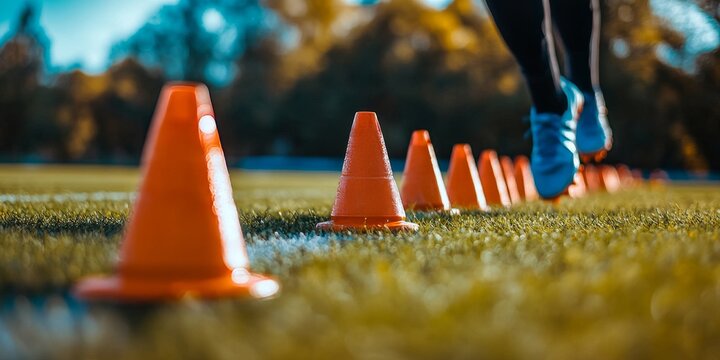 Athlete jumping over orange cones during sports training on grass field