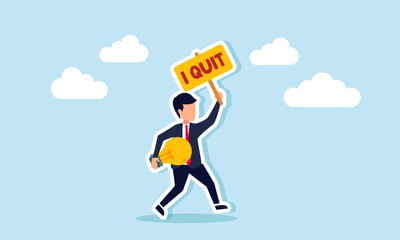 A businessman runs while carrying a light bulb and a board that says I QUIT, illustration of escaping business competition to switch fields with ideas and innovation