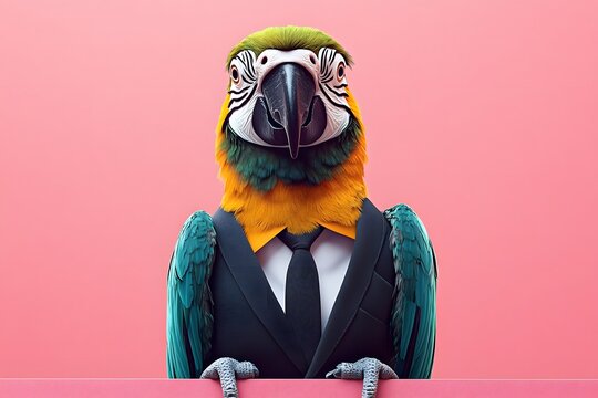 Stylish Parrot in Formal Business Attire in Front of Pink Background
