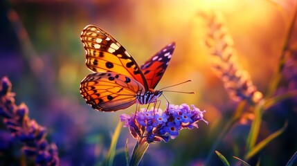 Fototapeta premium Vibrant orange butterfly on lavender flowers at sunset in soft focus.