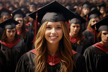 Obraz premium A happy group of graduates at the graduation ceremony. The multiracial students are dressed in festive black robes and graduate hats.