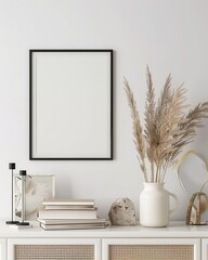 Blank frame mockup on a white shelf with a vase of pampas grass and books. minimalist home decor concept
