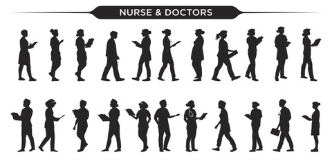 Nurses and doctors silhouettes in various poses