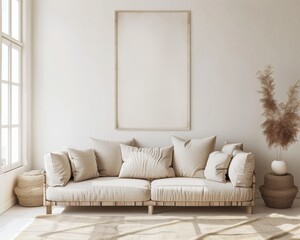 Minimalist living room interior with a large empty frame above a light colored sofa. rug and plant