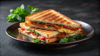 A Delicious Grilled Cheese Sandwich with Tomatoes and Herbs on a Dark Plate