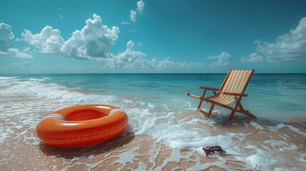 Obraz premium Orange Life Preserver and Striped Beach Chair on Sandy Shore