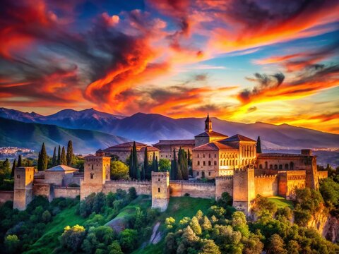 Surreal Sunset over Granada's Alhambra Palace: Dreamlike Sky, Vibrant Colors