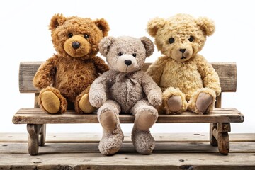 Obraz premium Surreal Teddy Bears on Wooden Bench - Whimsical Stock Photo