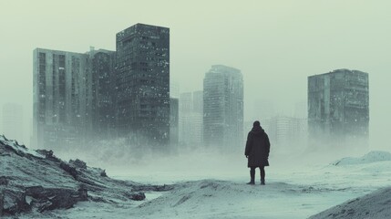 Fototapeta premium Solitary figure in a desolate, snow-covered city ruin.