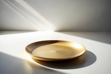 Sunlit Golden Dish on White Surface A Minimalist Product Display