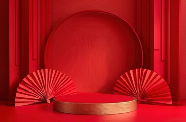 Red And Gold Podium With Paper Fans On Red Background