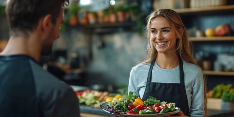 Obraz premium Nutritionist offering healthy food to a sportsman in a restaurant kitchen
