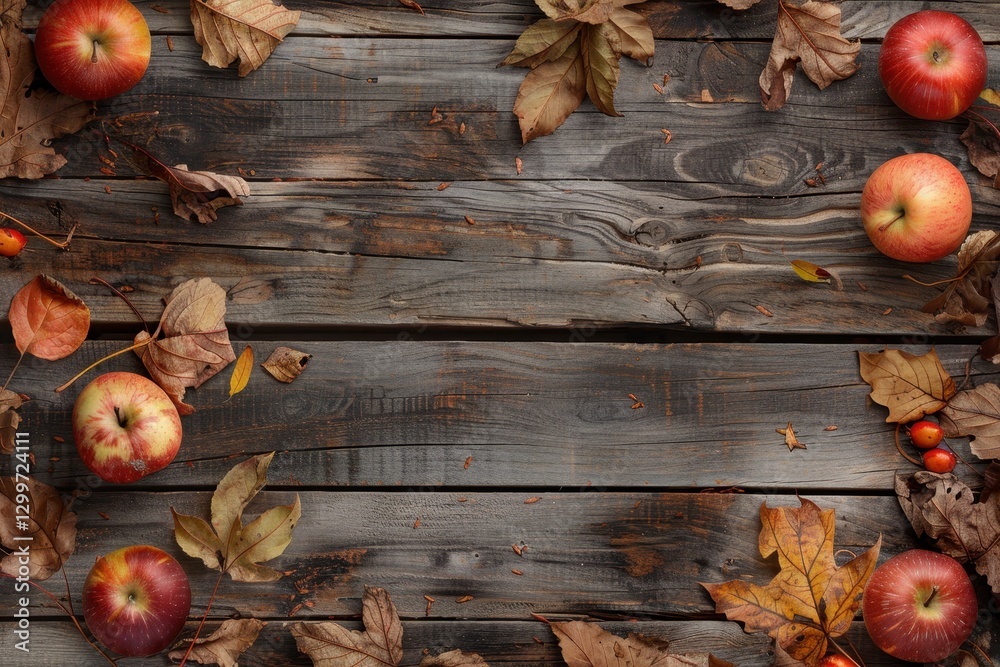 Poster red apples and autumn leaves on rustic wooden background