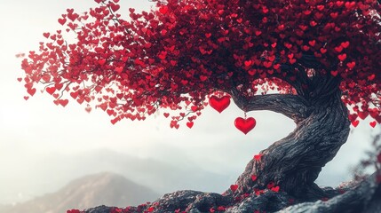 Red Heart Tree Digital Art Romantic Fantasy Illustration
