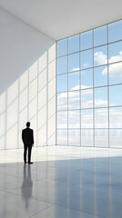 Businessman Silhouetted Against Modern Office Window with City View