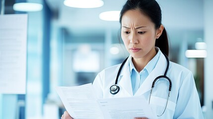 A focused doctor examines medical documents with a furrowed brow, reflecting concern and dedication to patient care in a clinical setting.