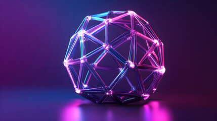 Intricate geometric structure glowing with neon light on a deep violet gradient background