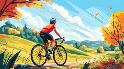 Fototapeta premium Cyclist rides road bike on scenic autumn path.