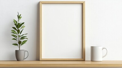 A blank wooden frame mockup on an oak console table, leaning against the wall in front of it, against a white background