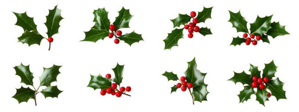 various holly leaves and red berries arranged in different orientations. showcasing their vibrant green and red colors this botanical representation is often associated with winter and holiday themes.