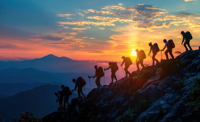 Fototapeta premium Silhouetted Hikers Ascending Mountain at Sunrise
