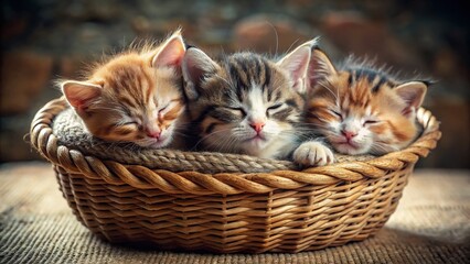 Three Adorable Kittens Napping Peacefully in a Woven Basket