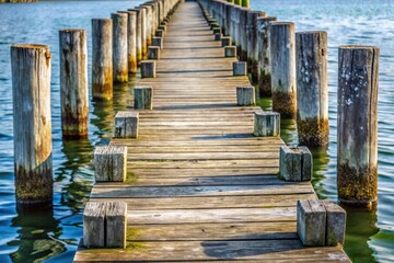 Wooden Pier Extending Over Calm Water, A Serene Pathway Leading to the Horizon