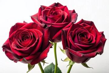 Fototapeta premium Three Dark Red Roses Isolated on White Background - Elegant Floral Stock Photo