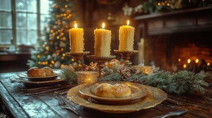 Naklejka premium Festive Christmas Dinner by Fireplace