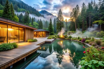 Obraz premium Serene Mountain Retreat Modern Architecture Meets Tranquil Nature with a Private Pool and Misty Forest Backdrop at Dusk